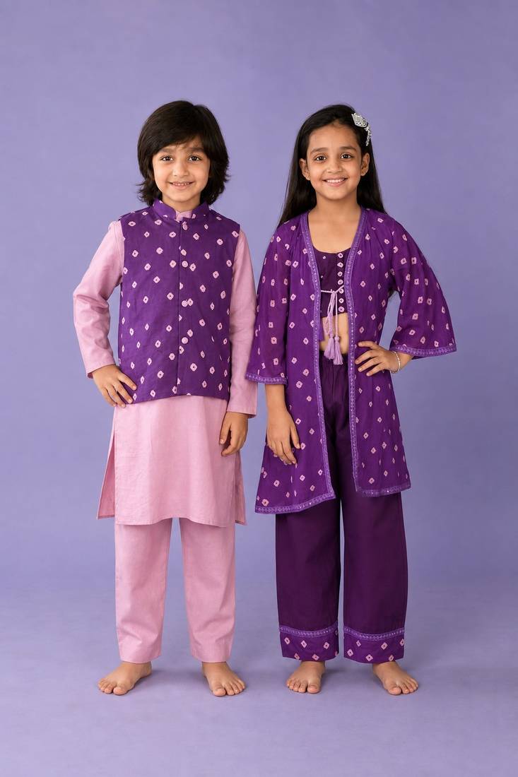 Purple & lavender printed silk & cotton palazzo set & kurta jacket brother sister matching combo