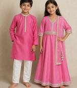 Light pink & pink embroidered chanderi lehenga choli & kurta pyjama brother sister matching combo