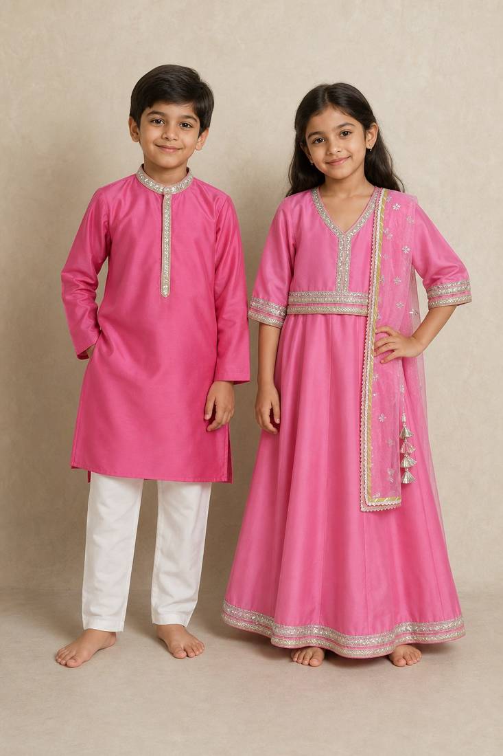 Light pink & pink embroidered chanderi lehenga choli & kurta pyjama brother sister matching combo