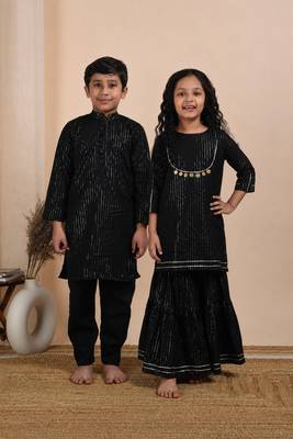 Black woven cotton sharara set & kurta pant brother sister matching combo 1