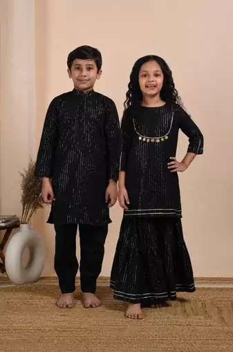 Black woven cotton sharara set & kurta pant brother sister matching combo