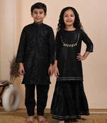 Black woven cotton sharara set & kurta pant brother sister matching combo