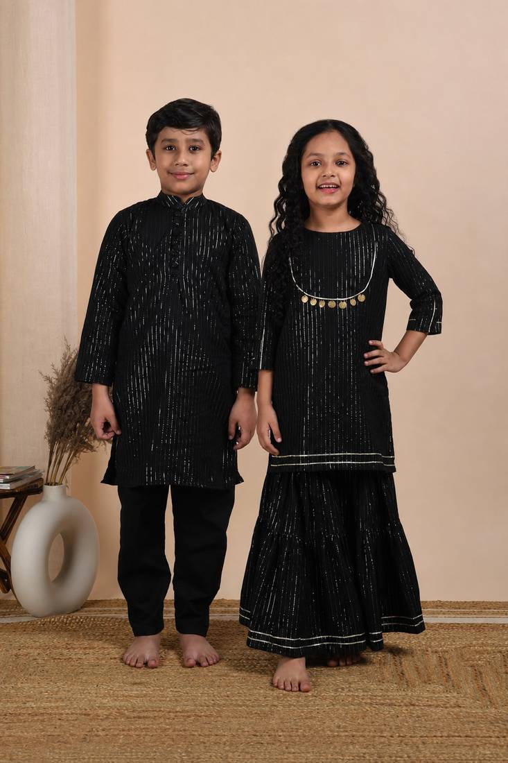 Black woven cotton sharara set & kurta pant brother sister matching combo