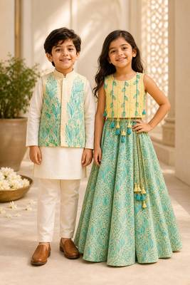 Lemon yellow & white printed cotton lehenga choli & kurta jacket brother sister matching combo 1