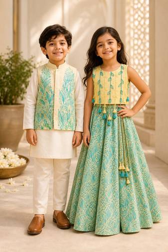Lemon yellow & white printed cotton lehenga choli & kurta jacket brother sister matching combo