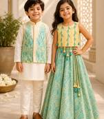 Lemon yellow & white printed cotton lehenga choli & kurta jacket brother sister matching combo