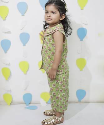 Green printed cotton co-ord set & shirt set brother sister matching combo 2