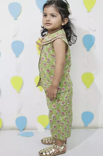 Green printed cotton co-ord set & shirt set brother sister matching combo