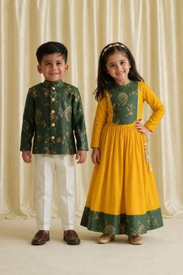 Yellow & green embroidered brocade lehenga choli & bandhgala brother sister matching combo 1