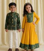 Yellow & green embroidered brocade lehenga choli & bandhgala brother sister matching combo