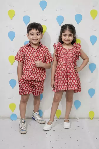 Red printed cotton dress & shirt set brother sister matching combo