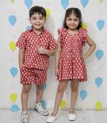 Red printed cotton dress & shirt set brother sister matching combo