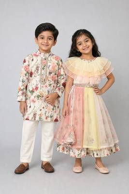 Multicolor printed organza & cotton silk lehenga choli & kurta pyjama brother sister matching combo 1