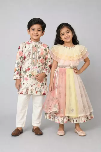 Multicolor printed organza & cotton silk lehenga choli & kurta pyjama brother sister matching combo
