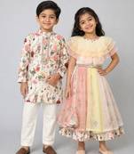 Multicolor printed organza & cotton silk lehenga choli & kurta pyjama brother sister matching combo