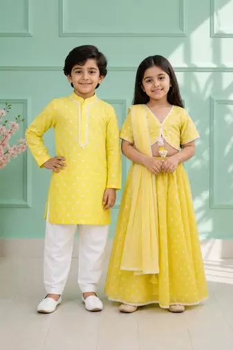 Yellow embroidered chanderi lehenga choli & kurta pyjama brother sister matching combo
