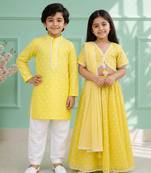 Yellow embroidered chanderi lehenga choli & kurta pyjama brother sister matching combo
