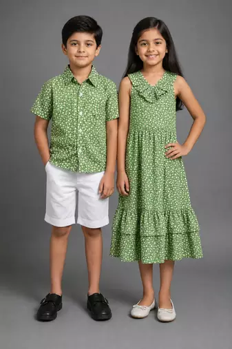 Green & off white printed rayon & cotton dress & co-ord set brother sister matching combo