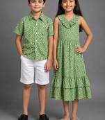 Green & off white printed rayon & cotton dress & co-ord set brother sister matching combo