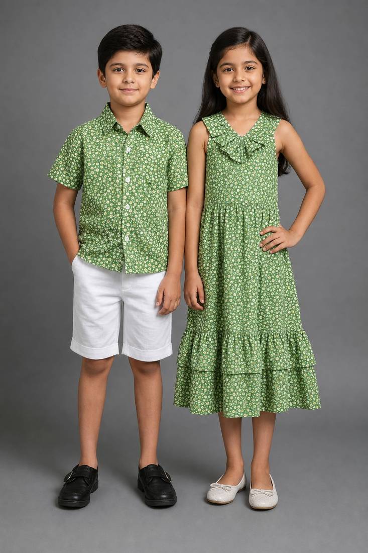 Green & off white printed rayon & cotton dress & co-ord set brother sister matching combo
