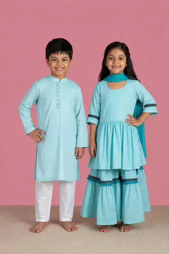 Blue woven cotton sharara set & kurta pant brother sister matching combo