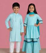 Blue woven cotton sharara set & kurta pant brother sister matching combo