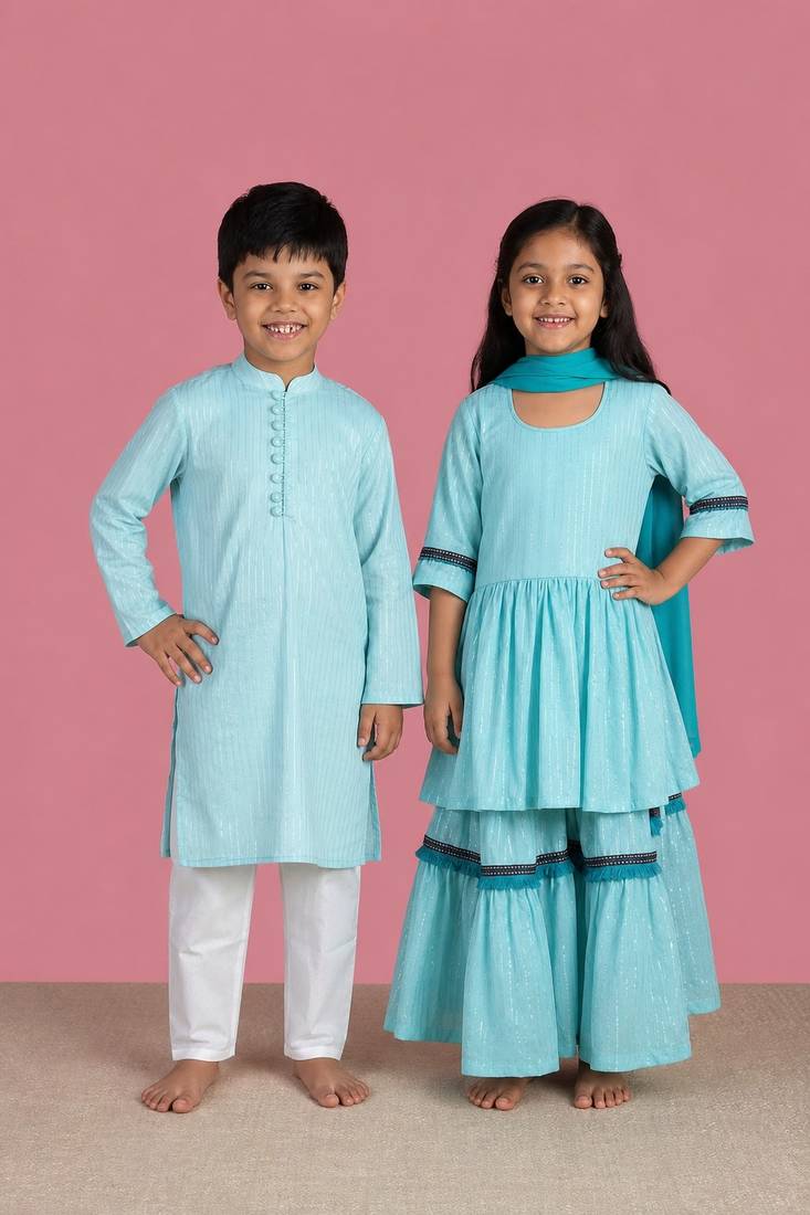 Blue woven cotton sharara set & kurta pant brother sister matching combo