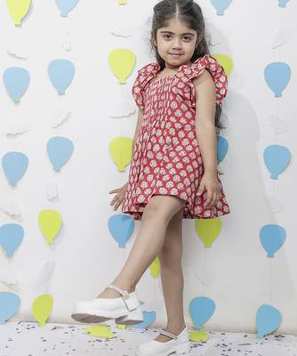 Red printed cotton dress & shirt set brother sister matching combo 2