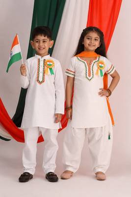 White solid & embroidered viscose & cotton kurta set & kurta pyjama brother sister matching combo 1