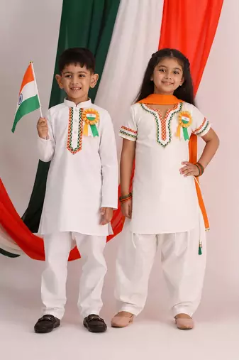 White solid & embroidered viscose & cotton kurta set & kurta pyjama brother sister matching combo