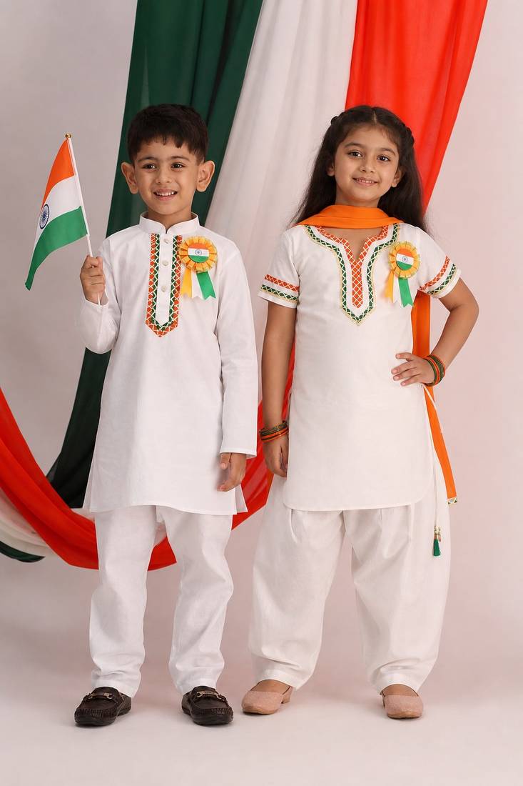 White solid & embroidered viscose & cotton kurta set & kurta pyjama brother sister matching combo