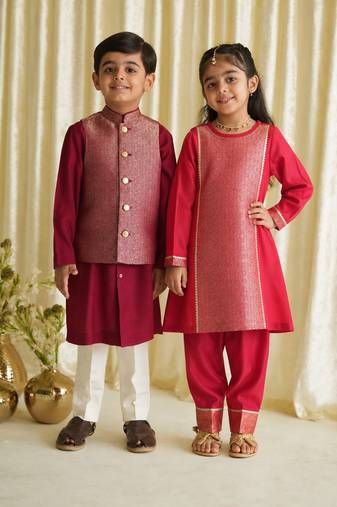 Red & maroon embroidered brocade kurta salwar set & kurta jacket brother sister matching combo