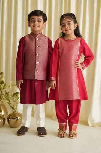 Red & maroon embroidered brocade kurta salwar set & kurta jacket brother sister matching combo