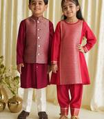 Red & maroon embroidered brocade kurta salwar set & kurta jacket brother sister matching combo