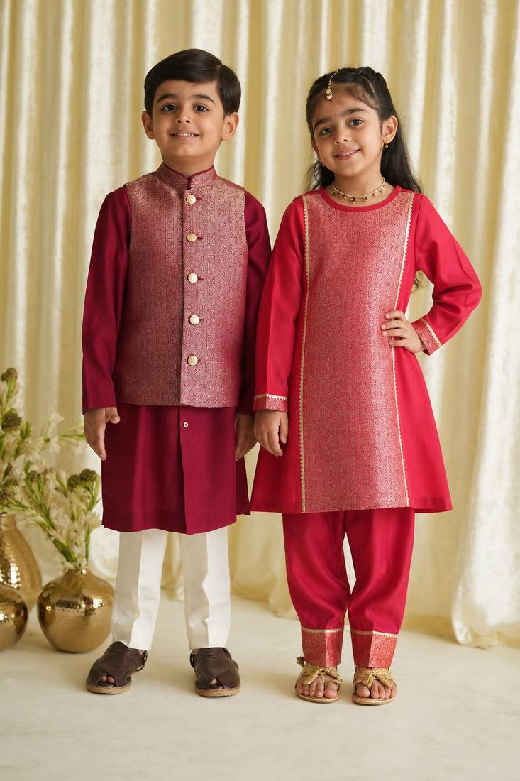 Red & maroon embroidered brocade kurta salwar set & kurta jacket brother sister matching combo