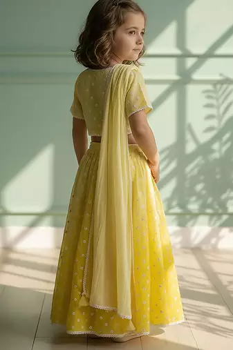 Yellow embroidered chanderi lehenga choli & kurta pyjama brother sister matching combo