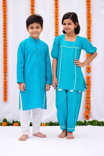 Turquoise gota embroidered & printed cotton kurta set & kurta pant brother sister matching combo