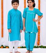 Turquoise gota embroidered & printed cotton kurta set & kurta pant brother sister matching combo