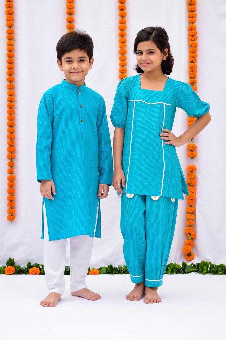 Turquoise gota embroidered & printed cotton kurta set & kurta pant brother sister matching combo