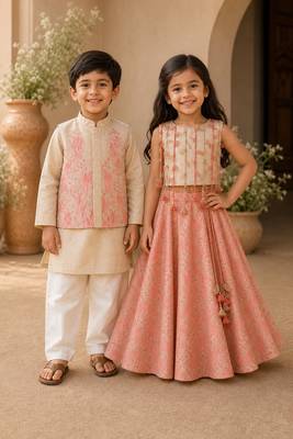 Gold, pink & cream printed cotton lehenga choli & kurta jacket brother sister matching combo 1