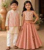 Gold, pink & cream printed cotton lehenga choli & kurta jacket brother sister matching combo