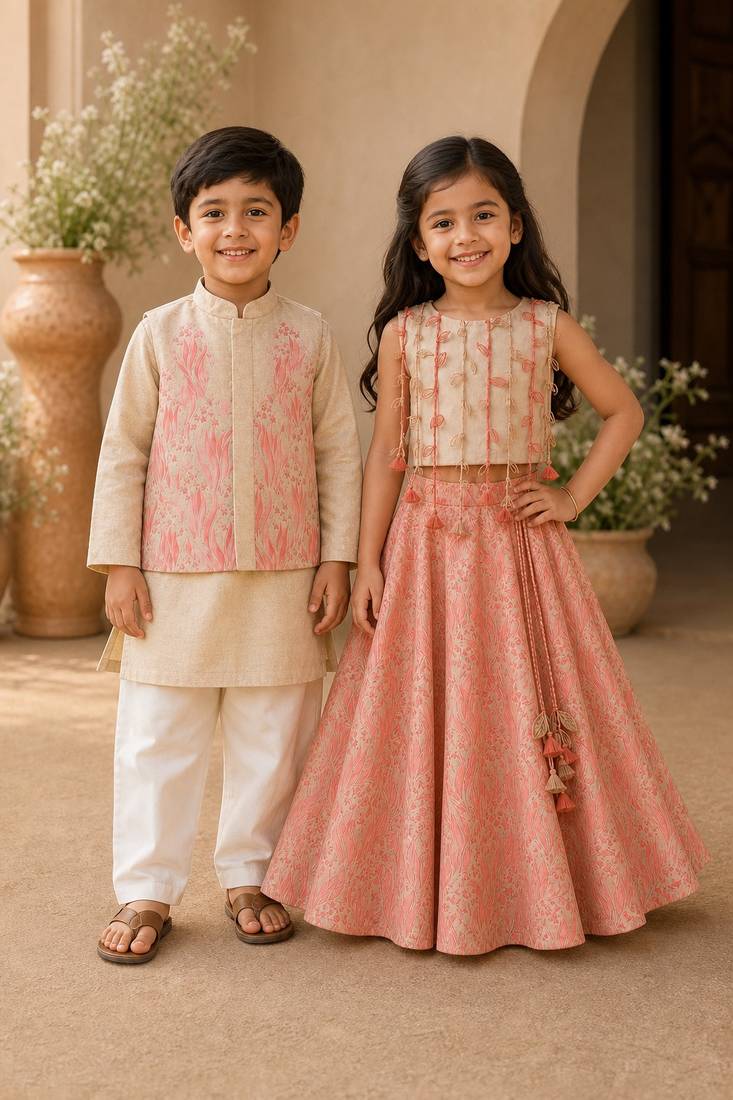 Gold, pink & cream printed cotton lehenga choli & kurta jacket brother sister matching combo