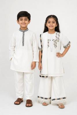 White & silver embroidered cotton palazzo set & kurta pyjama brother sister matching combo 1