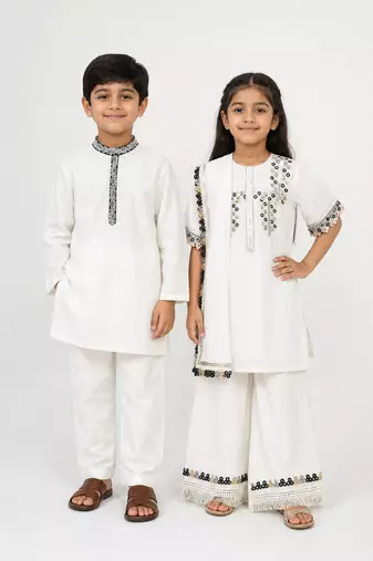 White & silver embroidered cotton palazzo set & kurta pyjama brother sister matching combo