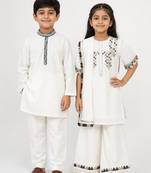White & silver embroidered cotton palazzo set & kurta pyjama brother sister matching combo