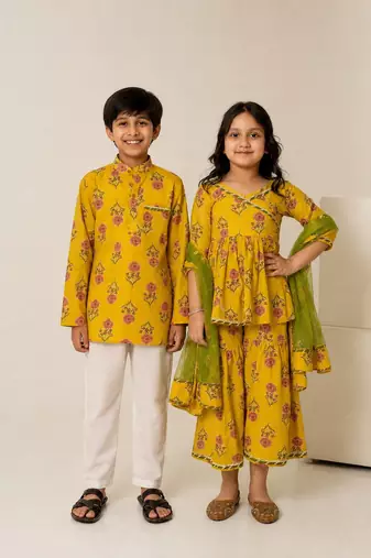 Mustard yellow printed cotton sharara set & co-ord set brother sister matching combo
