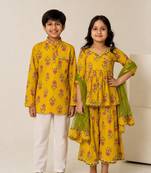 Mustard yellow printed cotton sharara set & co-ord set brother sister matching combo