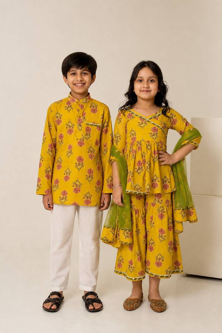 Mustard yellow printed cotton sharara set & co-ord set brother sister matching combo