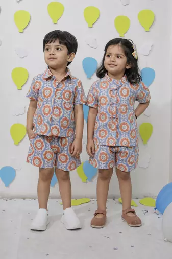 Multicolor printed cotton co-ord set & shirt set brother sister matching combo