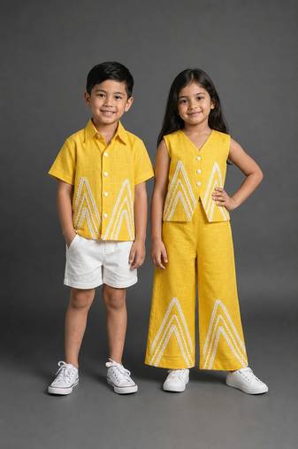 Yellow embroidered cotton co-ord set brother sister matching combo